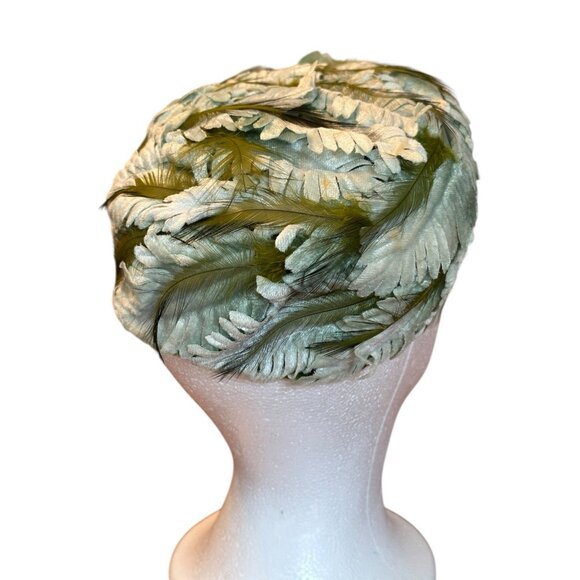 Vintage Union Made USA Feather Pillbox Hat Green 1950s 60s Turban Style Church main image 8